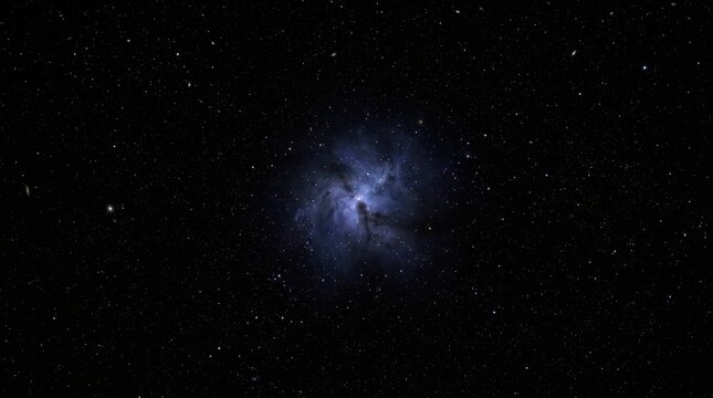 Deep space vista featuring a glowing blue nebula surrounded by a dense field of distant white stars against a pitch black void of the infinite universe