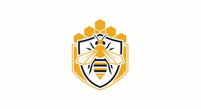 A detailed illustration of a bee on a shield with honeycombs overhead.