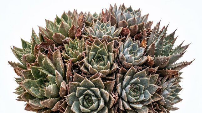 Echeveria succulent plant cluster on white background, green and reddish desert succulent rosettes, botanical houseplant macro photography