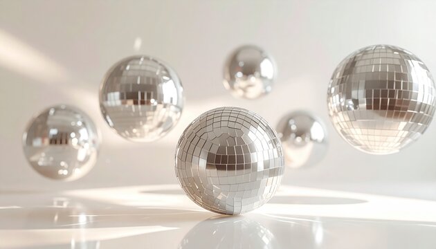 Reflective mirrored orbs float in soft light