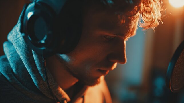 Man recording voice over in a studio