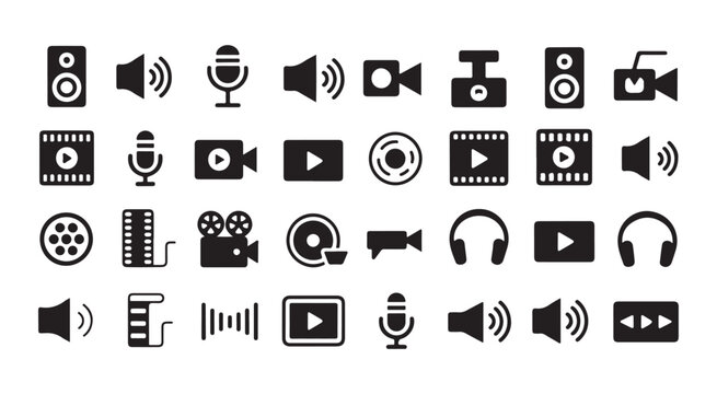 Audio visual equipment icons featuring speakers microphones cameras and video editing utility symbols.