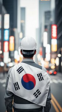 Young Asian male construction worker wearing hard hat with South Korean flag draped over shoulders in city street