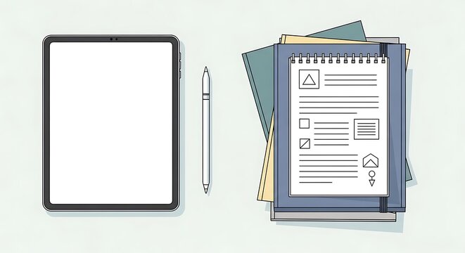 Modern Tablet Pencil and Notebook Stack on Desk