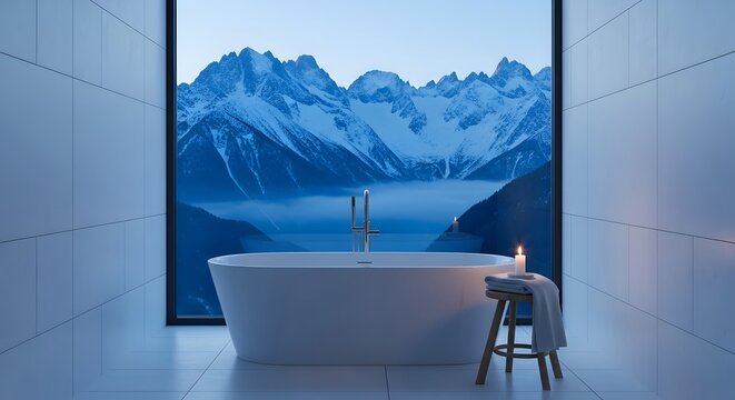 Modern luxury bathroom with freestanding bathtub overlooking snow covered mountain range at dusk.