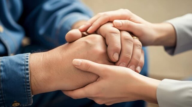 Young caregiver holding hands of elderly patient for palliative care support and comfort