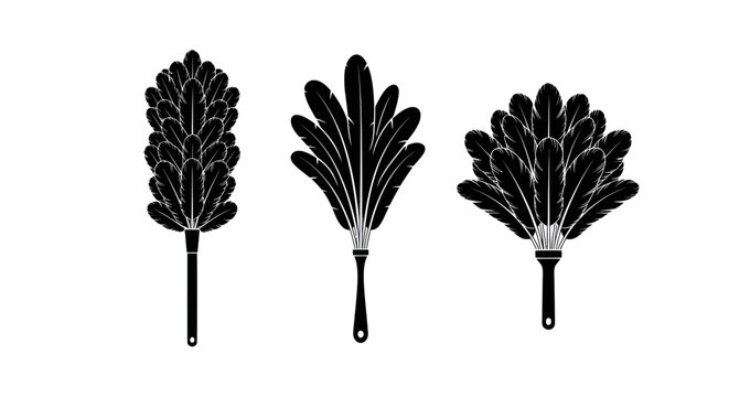 Black feather dusters isolated on white background, cleaning tools, vintage illustration