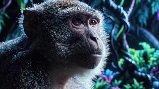 Contemplative Monkey Portrait Close Up in Colorful Jungle With Vibrant Tropical Foliage and Neon Light
