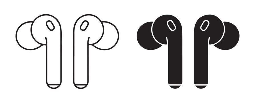 Wireless earbud icons set featuring outline and solid silhouettes for modern audio gadgets design elements.