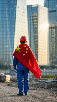 Chinese construction worker wearing national flag cape walking towards modern city skyscrapers at sunset
