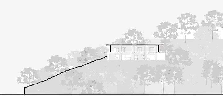 Architectural rendering of modern hillside house with trees