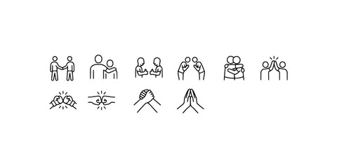 Icon set collection of human greeting gestures and social interactions, including handshakes, hugs, bowing, fist bumps, and polite hand salutations © Raka Firdaus 
