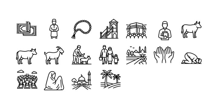 Icon set collection of Islamic worship and Eid al-Adha pilgrimage rituals, showing prayer mats, mosques, Kaaba, rosary, and animal sacrifice. 