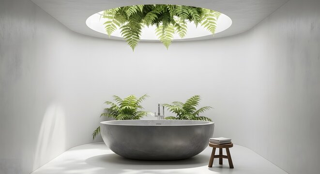 Luxury minimalist bathroom featuring round concrete tub and hanging ferns from circular skylight.