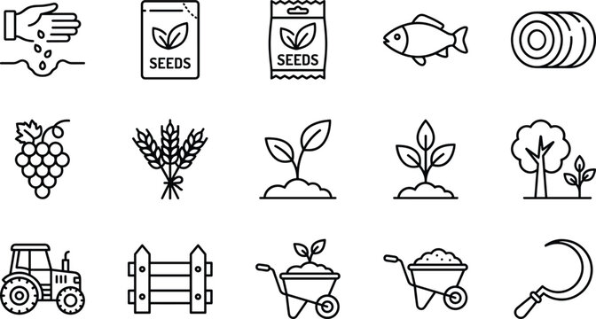 Agriculture and gardening icon set organic farming crop cultivation tractor tools outline thin line vectors