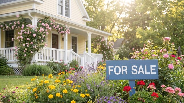 Yellow house with white porch and climbing pink roses in a garden with a blue for sale sign in the foreground during a sunny day