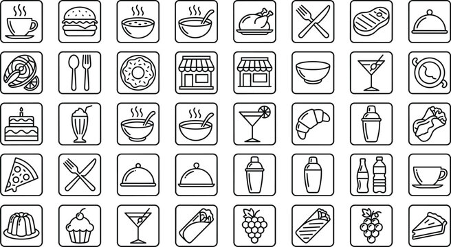Restaurant food and drink icon set cafe menu linear square button outline vectors