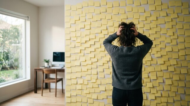 Stressed Professional Facing Overwhelming Task Board with Yellow Sticky Notes in Modern Home Office, Workplace Mental Health and Productivity Management Concept Website Banner