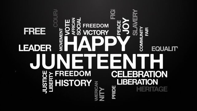 Happy juneteenth concept Animated Tag Word Cloud kinetic typography, Text Design Animation typography seamless loop video motion graphics Intro Wordart arrangement White type on black background bg ba