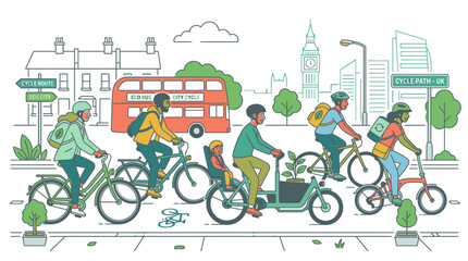 Naklejka premium Illustration of a diverse group of cyclists riding bicycles on a city street with a red bus and buildings in the background, conveying an eco-friendly urban scene with a mix of modern and