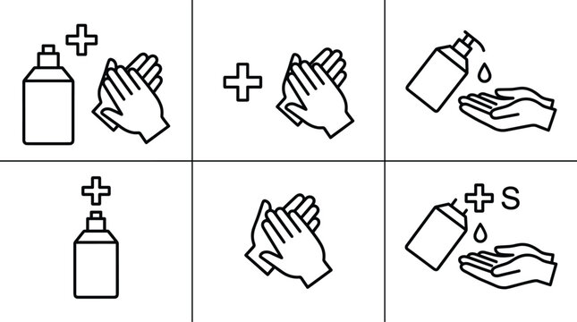 Hand sanitizer and rubbing icon set medical hygiene disinfectant wash guide thin line vectors