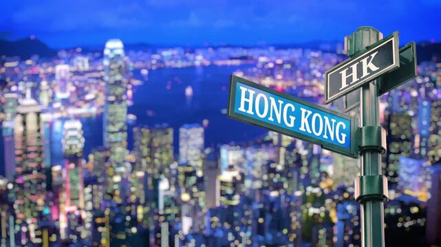 Cityscape timelapse of Hong Kong of China. Selective focus of travel sign Hong Kong with real timelapse background from raw photos. View from Peak with buildings along Victoria Harbour.