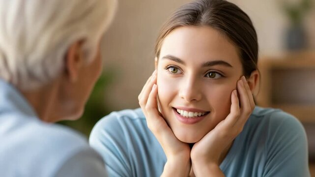 Smiling young woman listening to her grandmother, intergenerational communication and empathy at home