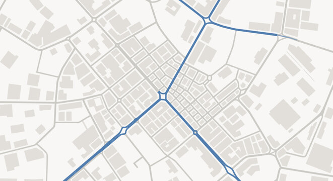 City Map Aerial View: Urban Street Network with Blue Roads and Buildings