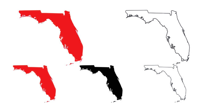 Florida State Map Outline - Red, Black, and White Silhouettes
