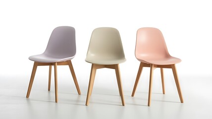 Fototapeta premium Pastel plastic dining chairs with wooden legs isolated on white background