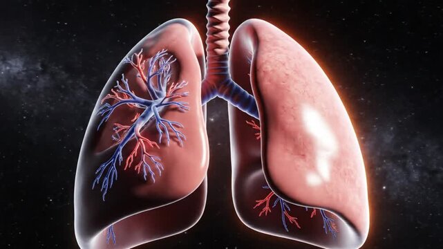 Cinematic CGI animation of realistic human lungs hovering slowly in space anatomically accurate respiratory anatomy detailed bronchi and blood vessel texture soft rim lighting glossy biological surfac