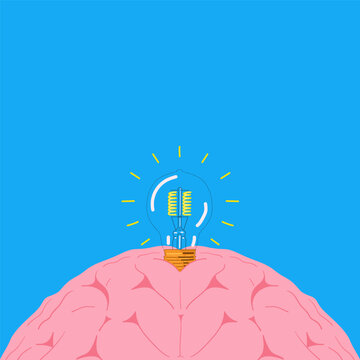 Brain creative illustration design. Bulb lamp pops up from the brain to portray sparking ideas vector art. Graphic design symbolizing human intelligence, bright ideas, innovation, and strategy.