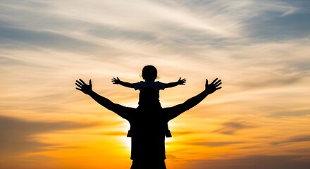 Fototapeta premium Silhouette of person celebrating against sunset sky