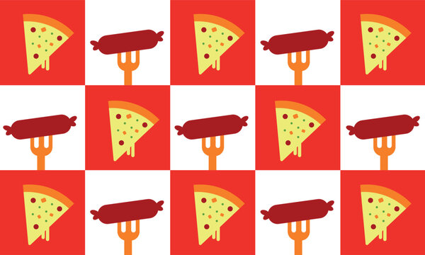 Illustration vector graphic pattern background of pizza and sausage. Suitable for restaurant backdrops, wrapping paper, children's room wallpaper, product packaging, etc.