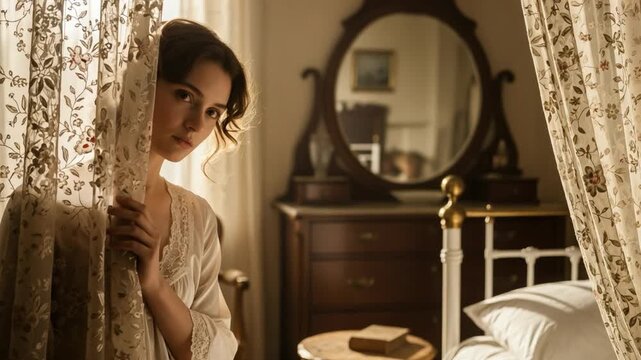 Pensive young Victorian woman in white nightgown behind lace curtains in vintage bedroom