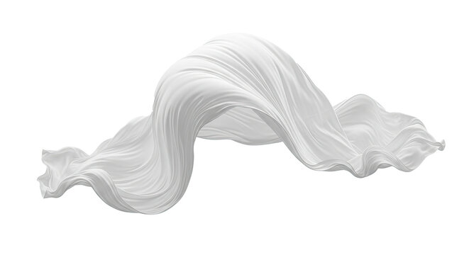A white silk scarf gracefully floats against a stark transparent background. The fabric drapes and curves in a dynamic, flowing motion, creating a sense of movement and elegance.