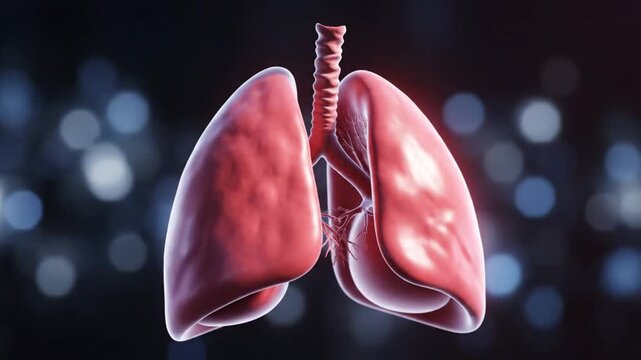 Photorealistic 3D lungs render floating softly in mid air realistic pulmonary anatomy detailed bronchi folds glossy tissue surface ambient cinematic lighting blurred abstract background realistic subs