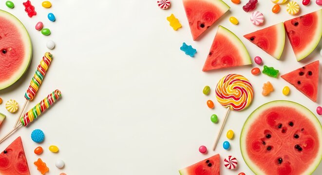 Vibrant watermelon slices and colorful candies arranged on a light background
