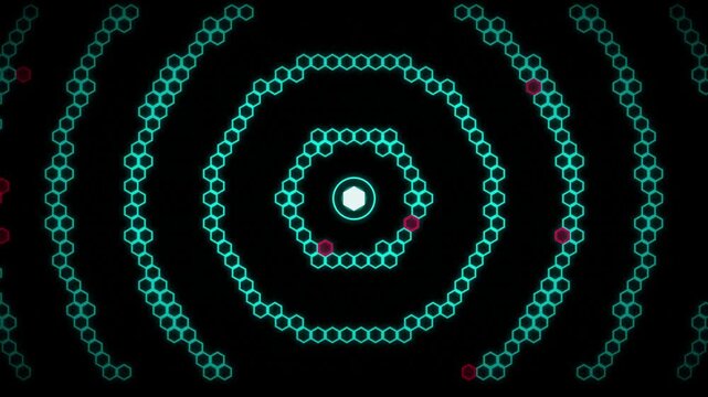 Futuristic abstract glowing hexagon pattern with concentric circles and small red accents on black background.