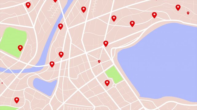 4K UHD Animated city map with location pins and navigation routes. Modern GPS tracking concept for smart city