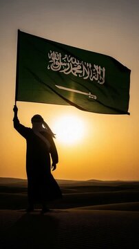 Saudi Arabian man in traditional thobe holding national flag in desert at sunset, patriotic concept