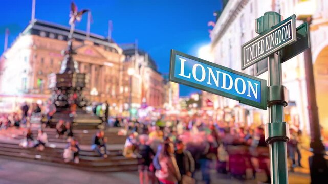 London Piccadilly Circus Timelpase. Selective focus of travel sign LONDON and United Kingdom with real timelapse from raw photos. Bustling city landmark with dazzling digital billboards and people. 