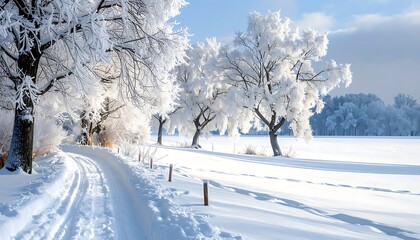 Obraz premium Snowy road with frosted trees landscape.
