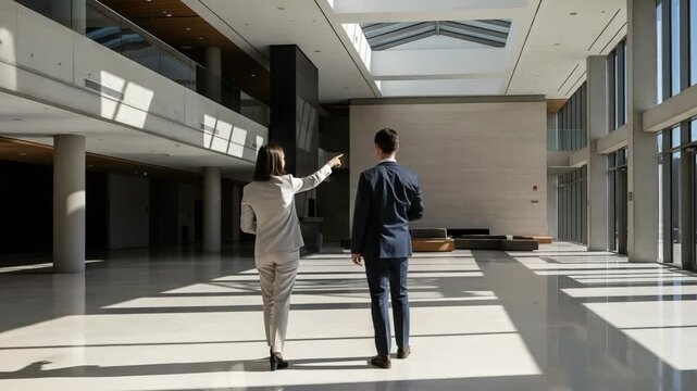 Real estate investors in suits inspecting a spacious modern office building atrium