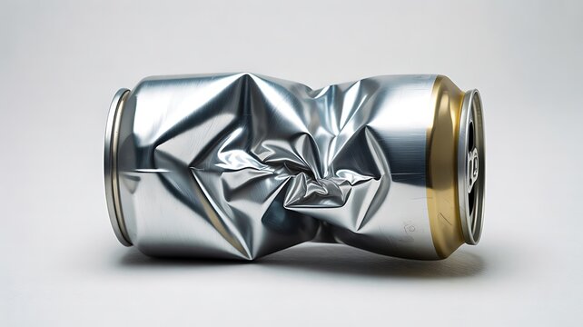 Crushed aluminum beverage can isolated on white background with recycling and waste management concept