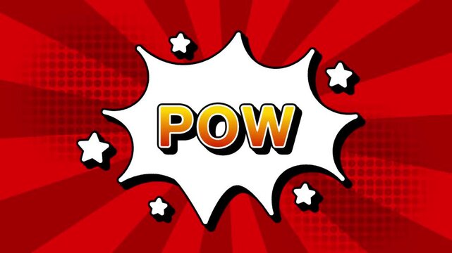 POW text word lettering popup comic cartoon reveal with bomb and smoke explosion manga anime book page dots with radial speed lines doodle red background with seamless loop animation retro clip