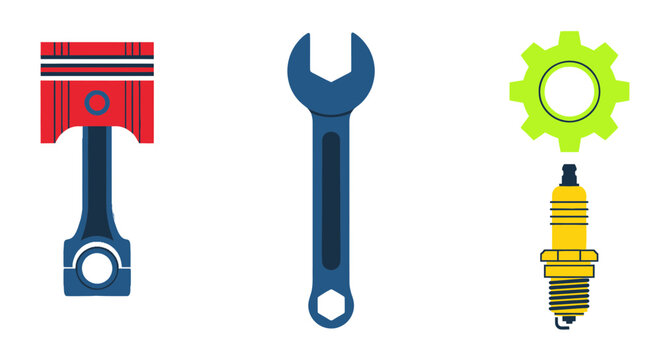Automotive Parts Icons: Piston, Wrench, Spark Plug, Gear