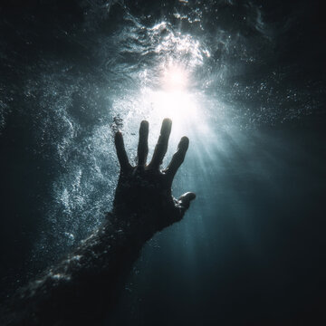 A hand reaching out from darkness with radiant light shining through water bubbles creating dramatic underwater scene