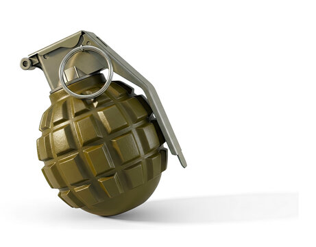 A realistic 3D rendering of a military fragmentation grenade. The grenade is olive green and features a textured metal casing with a safety pin and retaining ring.