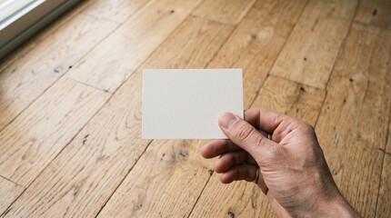 Obraz premium photo of a person holding a small piece of paper for a mockup note against a wooden floor background made by AI generative